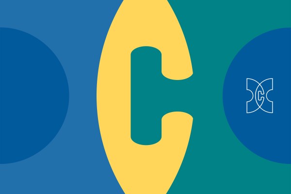 A graphic with a large yellow "C" in the center. The background is composed of overlapping shapes in various shades of blue and green, with a smaller stylized "C" in a square outline in the upper right corner.