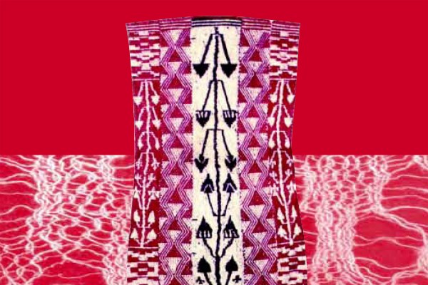 A collage featuring a red background. In the center is a vertical section of a woven textile with geometric patterns in white, black, and magenta. The bottom half is overlaid with a red and white web-like texture.