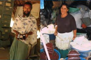 A split image. On the left, a man with a beard and a white patterned shawl holds small bottles. On the right, a woman stands behind a table with large white piles of what appears to be cheese or a similar food product.