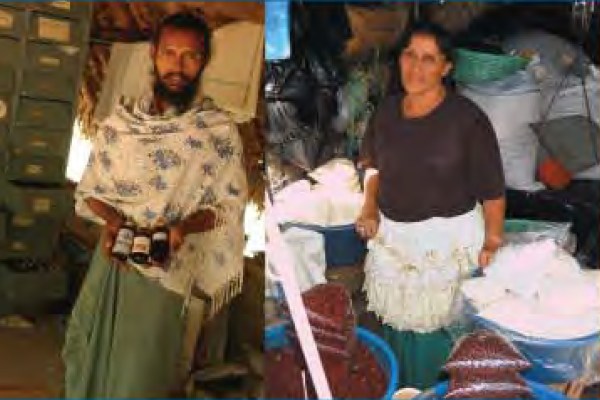 A split image. On the left, a man with a beard and a white patterned shawl holds small bottles. On the right, a woman stands behind a table with large white piles of what appears to be cheese or a similar food product.
