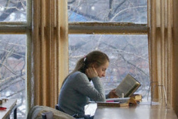 A person with a ponytail sits at a desk in front of a large window, reading a book. The background shows bare tree branches in what appears to be a cold, snowy landscape.