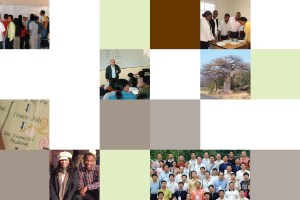 A grid-style collage of images. Clockwise from top left, the images show a group of people standing, a classroom discussion, a large baobab tree, a large group photo, two men smiling together, and a flowchart about "Stable Job."