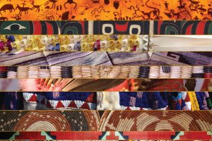 A vertical collage of eight horizontal bands, each showing a different pattern or textile from various Indigenous cultures. The patterns include rock art, beadwork, woven blankets, and basketry in a variety of colors.