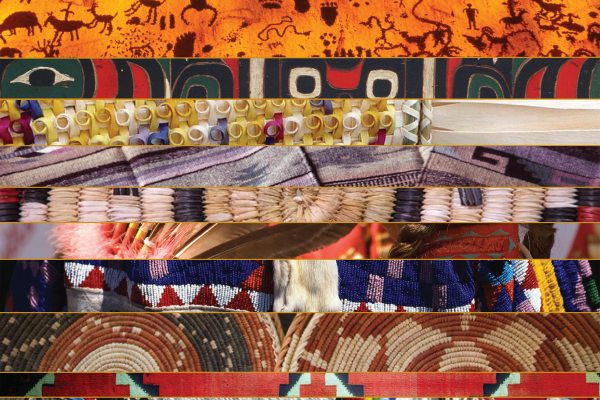 A vertical collage of eight horizontal bands, each showing a different pattern or textile from various Indigenous cultures. The patterns include rock art, beadwork, woven blankets, and basketry in a variety of colors.