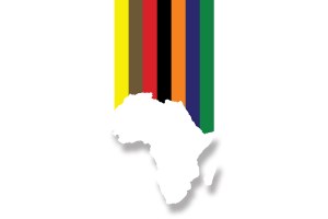 A minimalist graphic with a white background. Seven vertical, colored stripes in yellow, brown, red, black, orange, blue, and green hang above and overlap a white silhouette of the African continent.