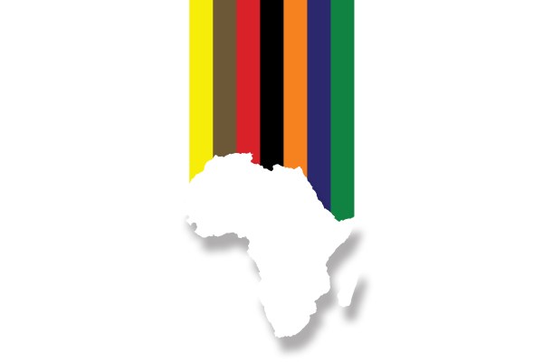 A minimalist graphic with a white background. Seven vertical, colored stripes in yellow, brown, red, black, orange, blue, and green hang above and overlap a white silhouette of the African continent.