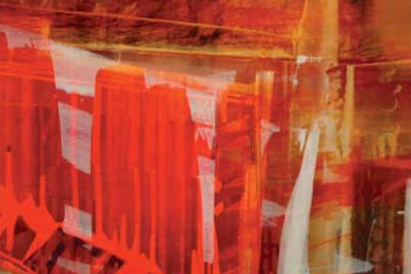 An abstract painting with a highly textured, chaotic appearance. It features layers of vibrant orange and red paint, with some white shapes that resemble torn paper or canvas woven into the piece.