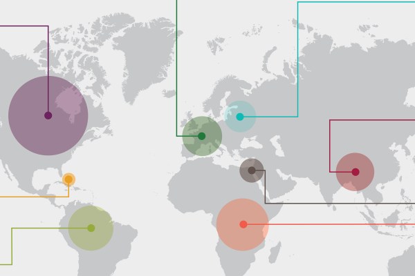 A gray map of the world with large, colored, semi-transparent circles overlaying various regions. Colored lines extend from the circles, some forming squares or connecting to other circles.