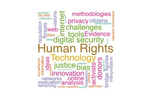 A word cloud with a white background. The largest words, in various colors, are "Human Rights," "Technology," "digital security," and "challenges." Surrounding words relate to data, social justice, and activism.