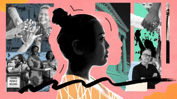 An artistic collage representing gender, racial, and ethnic justice. It features a central profile silhouette, activists holding a "Trans People Belong" sign, and diverse hands joined in solidarity. This visual emphasizes human rights advocacy, equality, and social justice movements.