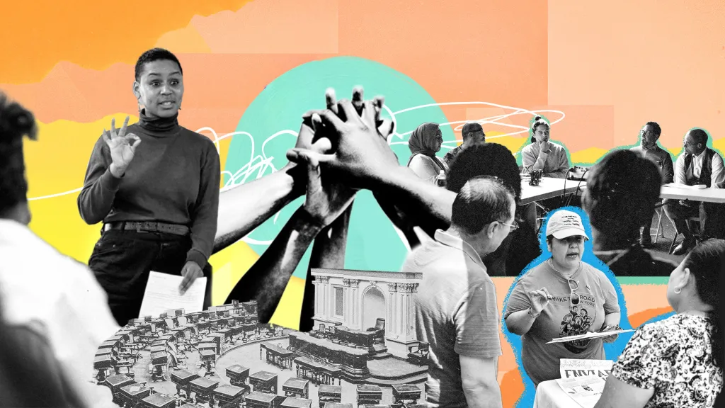 A vibrant collage illustrating civic engagement and community power. It features diverse activists speaking, hands joined in unity, and a historic legislative chamber. This artistic composition emphasizes grassroots organizing, political participation, and social justice advocacy in a modern democratic society.