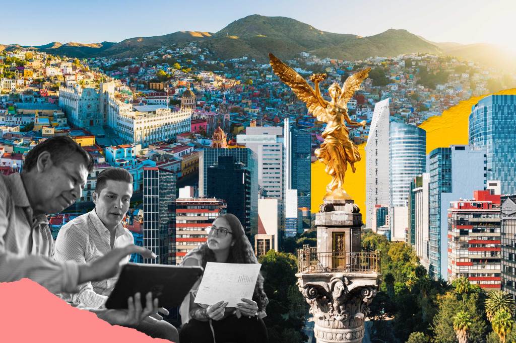 A vibrant digital collage showcasing Mexico and Central America. It features a modern cityscape with the Angel of Independence, colorful hillside architecture, and professionals collaborating on a tablet. This visual highlights urban development, regional identity, and economic innovation.