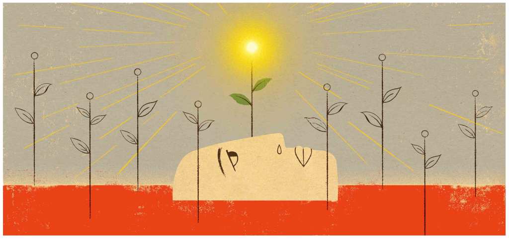 Evocative Illustration of face emerging from earth along with seedlings.  (c) Edel Rodriguez