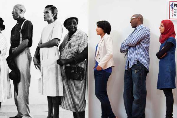Side by side photos compare Americans in the past and present standing in line to vote. The left photo is in black and white and shows Black voters. The photo on the right is in full color showing Black and brown voters in line in front of a Polling Place sign. 