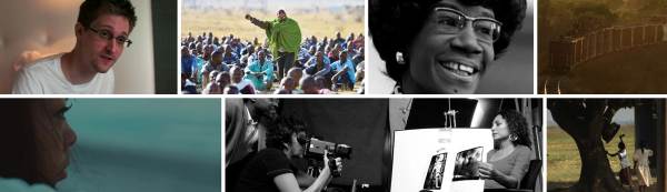 Collage of JustFilm stills separated by white borders including a white man with glasses and a white t-shirt; a Black person wrapped in a green scarf, screaming with their fist raised, amidst seated Black community members; Shirley Chisholm; a train with people riding on top of the cars; an artful closeup of a person looking out at the sea; and a black and white still of a person being filmed with a handheld camera.