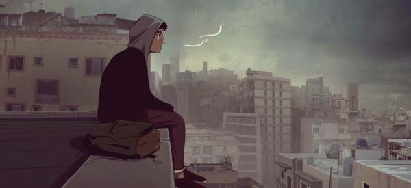 Illustration of a person in a hoodie sitting pensively on a roof ledge. A backpack rests on the ledge beside them as they look out at the city. 