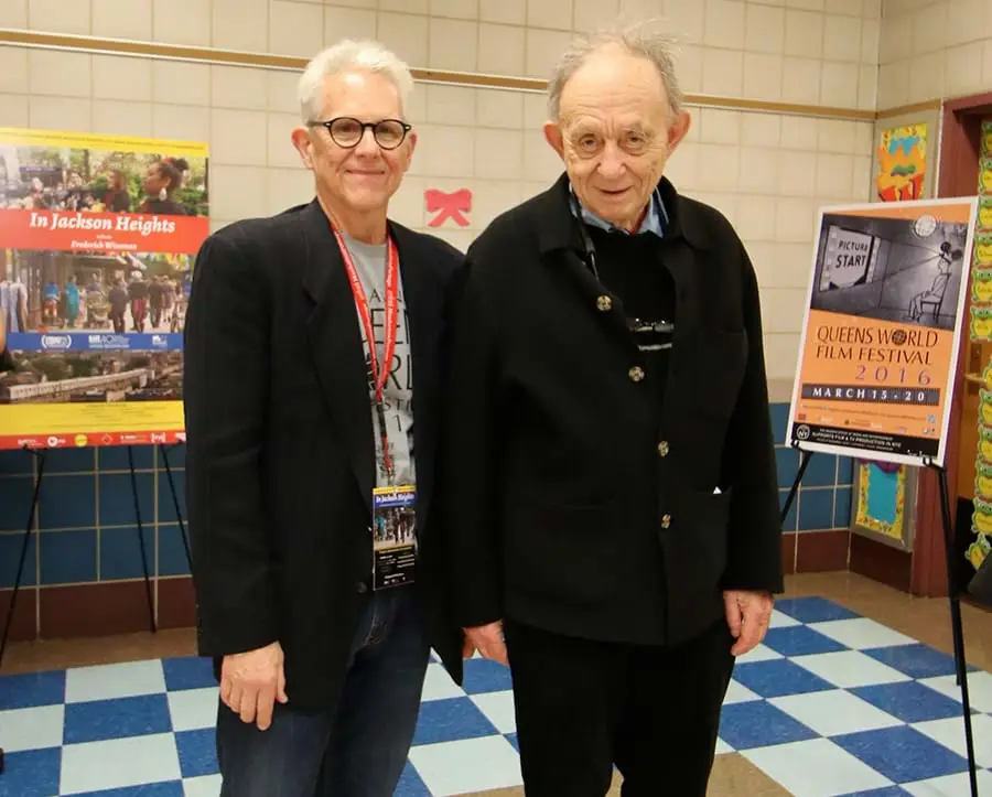 Don Cato (left), artistic director of the Queens World Film Festival, with director Frederick Wiseman. © Rodrigo Salzar