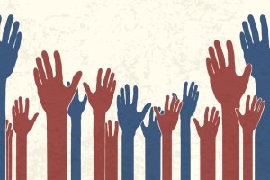 An illustration of multiple hands raised in the air, colored in alternating red and blue. The background is a textured, off-white color. The hands are of various sizes and are stylized in a flat design.