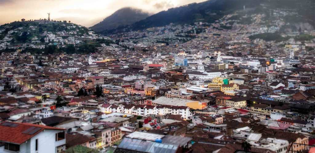 Aerial view of the old town district of Quito, Ecuador.