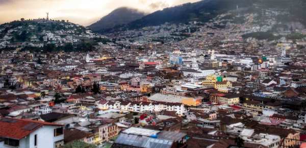 Aerial view of the old town district of Quito, Ecuador. 