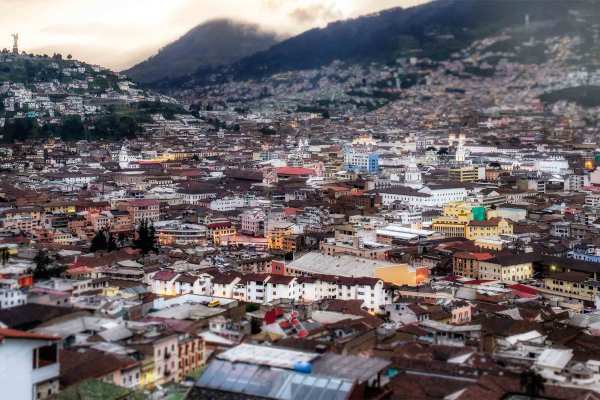 Aerial view of the old town district of Quito, Ecuador. 