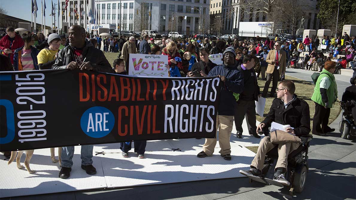 Several thousand Georgia residents with intellectual and physical disabilities and disability rights advocates gather outside the Georgia statehouse for 2016 Disability Day, celebrating 25 years of the federal Americans With Disabilities Act. 