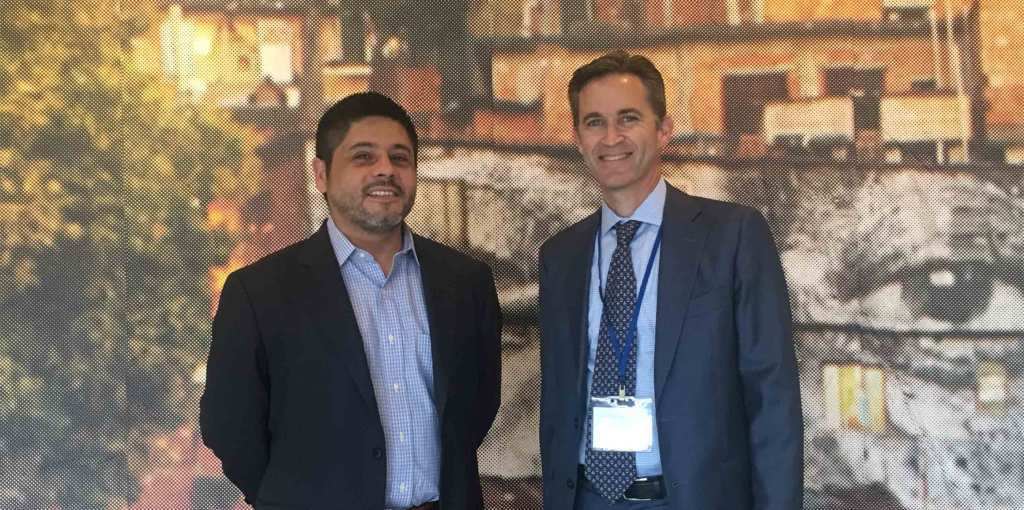 Internet Freedom Program Officer Alberto Cerda Silva and UN Special Rapporteur David Kaye stand next to each and smile at the camera.