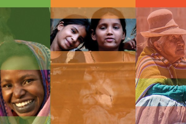 A split image with three vertical panels: green, orange, and red. The green panel shows a smiling Black woman. The orange panel shows two young girls smiling. The red panel shows an elderly woman in a hat.