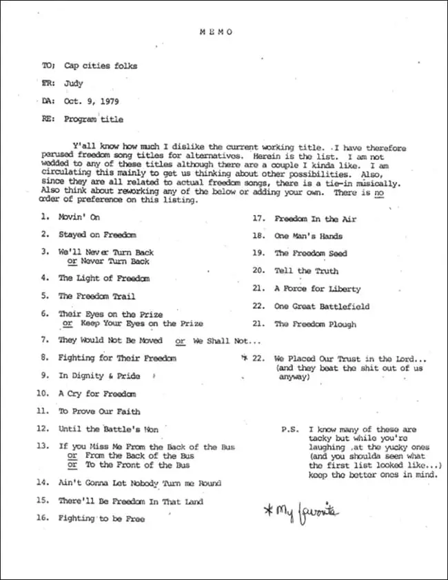 A 1979 memo with 22 potential titles for the project.