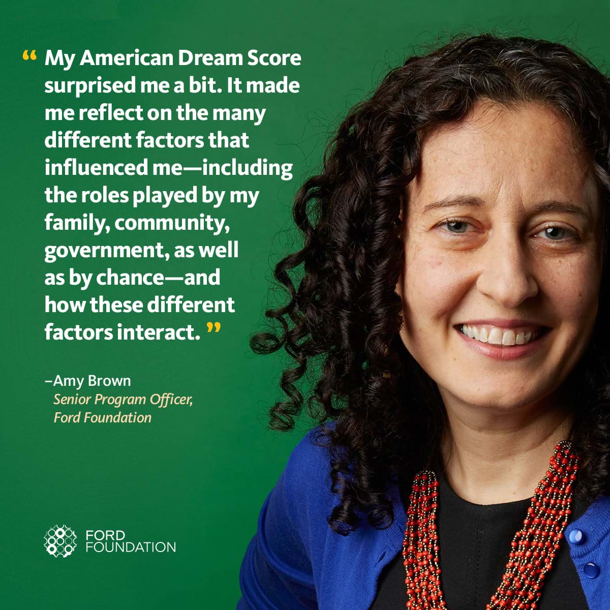 Photo of Amy Brown with a quote about her American Dream Score
