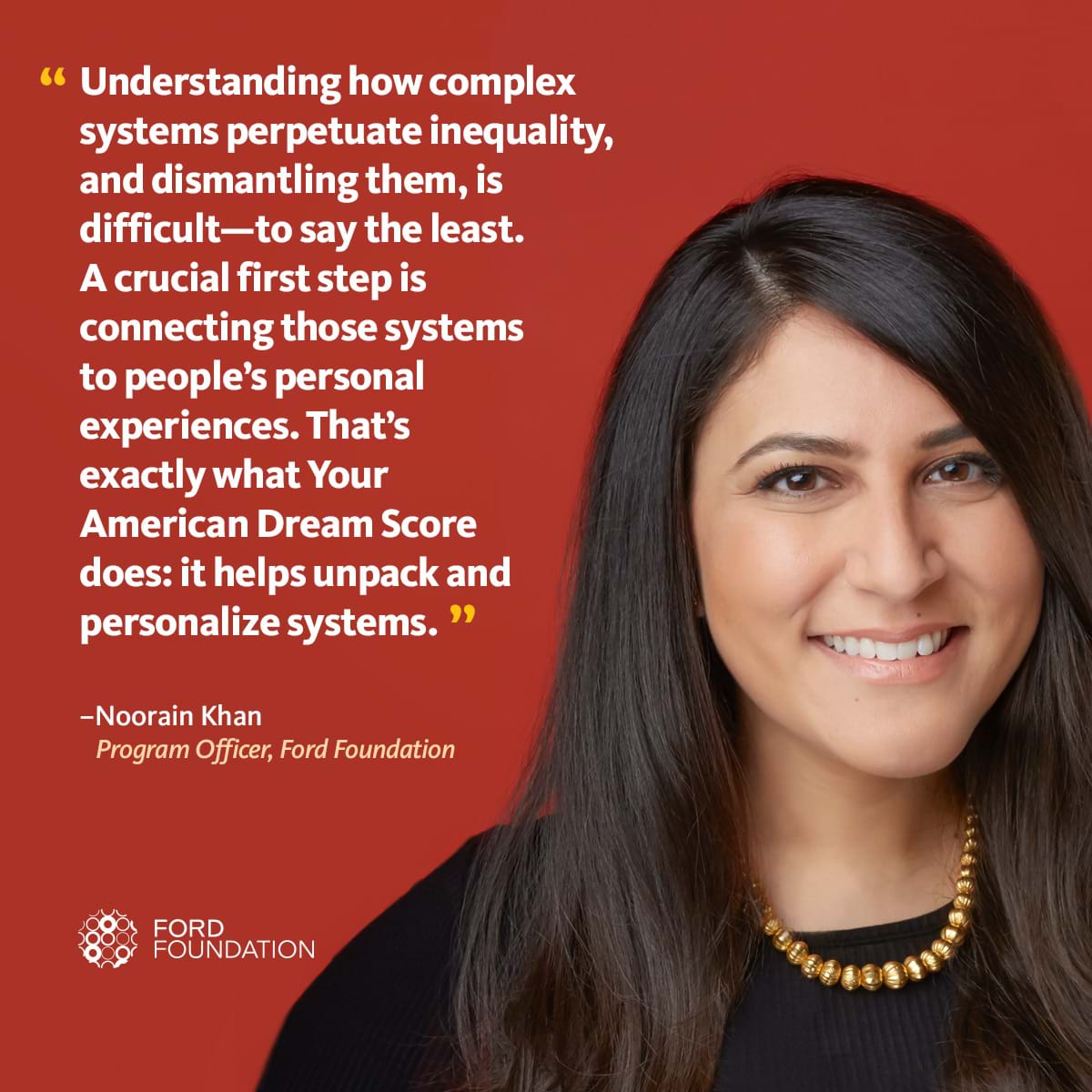Photo of Noorain Kahn with a quote about her American Dream Score