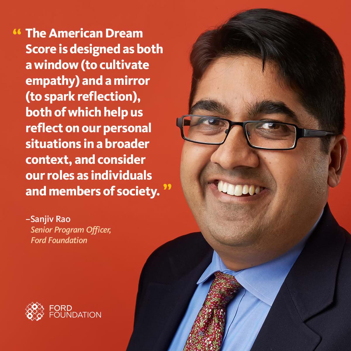 Photo of Sanjiv Rao with a quote about his American Dream Score