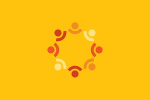 An abstract illustration features six stylized figures in shades of orange and red, arranged in a circle on a solid yellow background, symbolizing collaboration or community.
