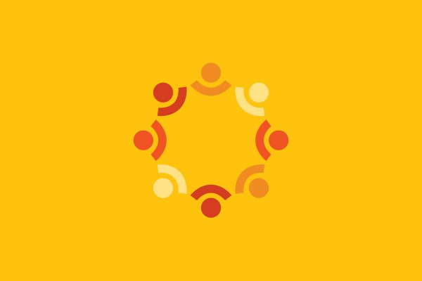 An abstract illustration features six stylized figures in shades of orange and red, arranged in a circle on a solid yellow background, symbolizing collaboration or community.