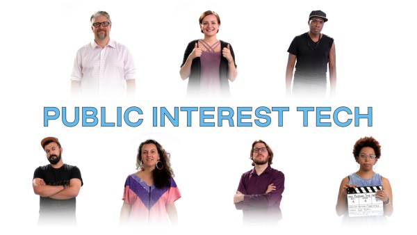 A medley of diverse tech fellows and tech inequality experts from all over the world. The phrase "Public Interest Tech" appears between them.