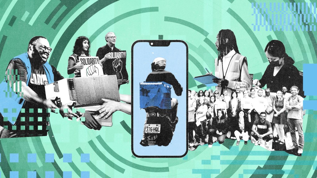 Digital collage representing the future of work and labor rights. It features a central smartphone with a delivery rider, workers holding "Solidarity" signs, and a diverse team photo. This visual emphasizes the gig economy, worker mobilization, and collective action in the 2026 labor market.