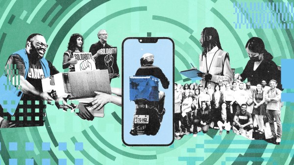 Digital collage representing the future of work and labor rights. It features a central smartphone with a delivery rider, workers holding "Solidarity" signs, and a diverse team photo. This visual emphasizes the gig economy, worker mobilization, and collective action in the 2026 labor market.