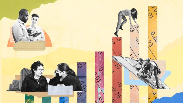 Various motifs of people in and around shapes in from of a bar graph.