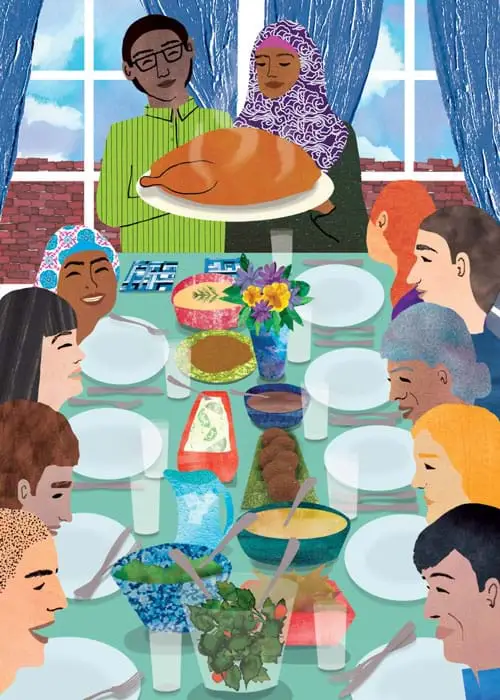 Evocative illustration of diverse group around a Thanksgiving table.