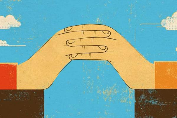 Evocative illustration of hands with interlocking fingers forming bridge