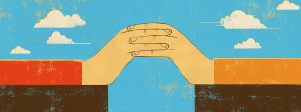 Evocative illustration of hands with interlocking fingers forming bridge