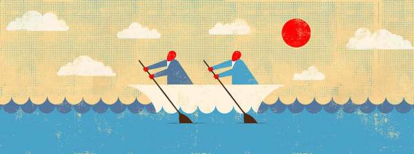 Evocative illustration of people working together to row boat