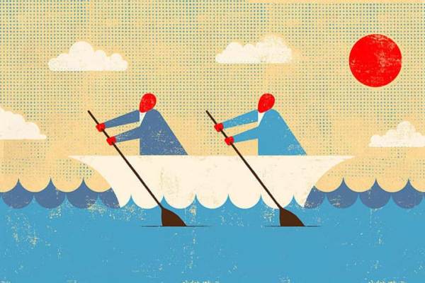 Evocative illustration of people working together to row boat