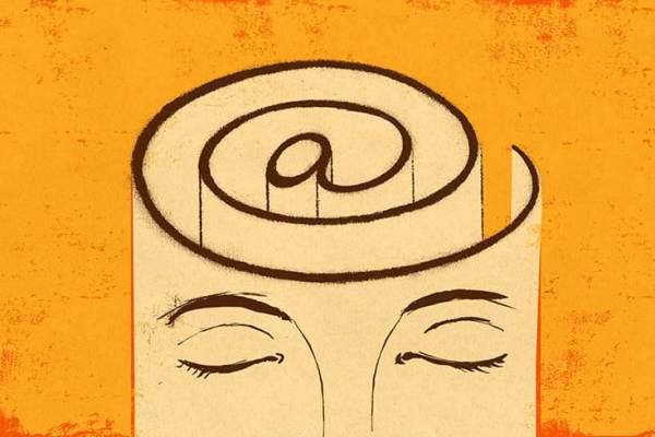 Evocative illustration of face wrapped around @ symbol