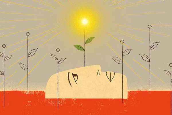 Evocative illustration of face emerging from soil with seedlings