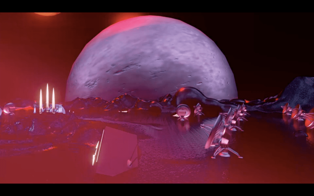 CGI of a moonscape with satellite dishes