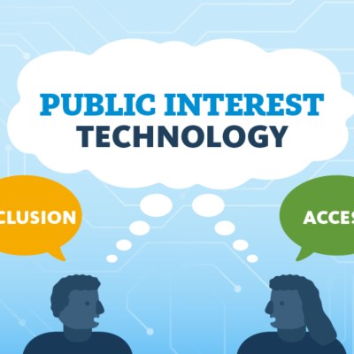 An illustration with a light blue background depicts two dark blue silhouettes of people. A large thought bubble above them reads "PUBLIC INTEREST TECHNOLOGY," while smaller speech bubbles say "INCLUSION" and "ACCESS."