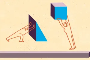 An illustration shows an orange outline of a person pushing against a dark blue and purple triangle. To the right, another orange outline of a person holds a light blue cube above their head.