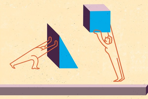 An illustration shows an orange outline of a person pushing against a dark blue and purple triangle. To the right, another orange outline of a person holds a light blue cube above their head.
