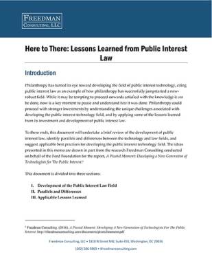Black text on a white background that says "Here to there: lessons learned from public interest law"